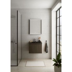 Meuble vasque suspendu plaqué noyer strié l.60 cm + plan vasque noir mat résine, Pura+