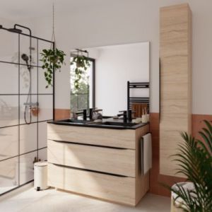 Meuble vasque &agrave; poser effet bois l.120 cm + plan double noir vasque en r&eacute;sine, Pamili
