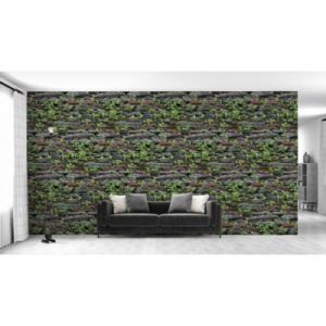 Papier peint panoramique intiss&eacute; effet mur v&eacute;g&eacute;tal, vert, gris, 3l&eacute;s, L.280 x l.150cm IDPanneaux