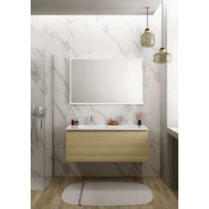 Meuble vasque suspendu effet chêne l.120 cm + plan vasque blanc céramique pour 2 robinets, Pura+