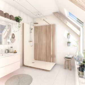 Cabine de douche à l’italienne l.80 x L.140 x H.218 cm – effet bois, receveur de plain-pied, Elmer Serenity