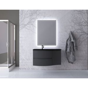 Ensemble Vague L.104 cm meuble sous vasque à suspendre gris anthracite brillant + complément droit + plan vasque verre noir mat