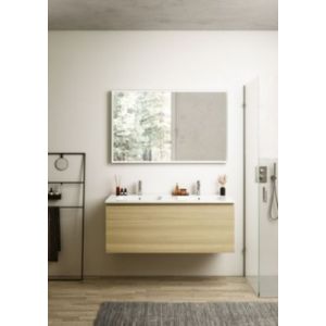 Meuble vasque suspendu effet chêne l.120 cm + plan double vasque blanc céramique, Pura+