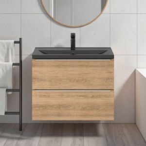 Meuble vasque suspendu faible profondeur effet ch&ecirc;ne l.80 cm Imandra + plan vasque noir c&eacute;ramique Nira, GoodHome