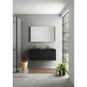 Meuble vasque suspendu noir mat l.60 cm x 2 + plan double vasque noir mat résine l.120 cm, Pura+