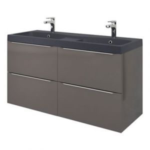 Meuble vasque suspendu gris brillant l.120 cm Imandra + plan double vasque noir résine Mila, GoodHome