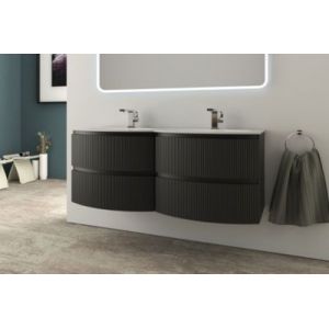 Ensemble sous vasque + plan vasque double verre l.138 cm, noir mat strié, Vague