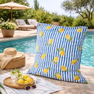 Maxi coussin d&eacute;perlant int&eacute;rieur / ext&eacute;rieur imprim&eacute; citrons bleu, jaune 140 x 120 cm