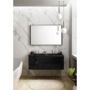 Meuble vasque suspendu noir mat et verre fumé l.120 cm + plan double vasque noir mat résine, Pura+