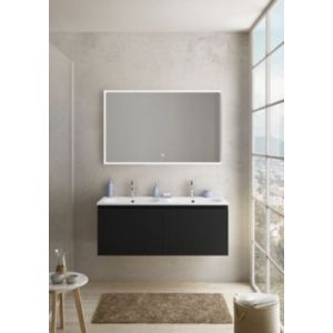Meuble vasque suspendu noir mat l.60 cm x 2 + plan double vasque blanc brillant résine l.120 cm, Pura+