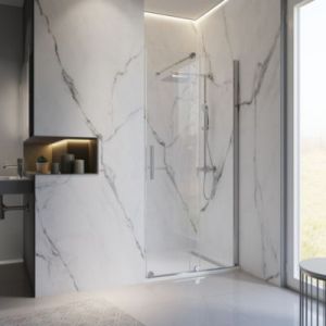 Porte de douche coulissante avec roulettes l.140 x H.200 cm, verre transparent anticalcaire, profil&eacute; chrom&eacute;, Schulte NewStyle