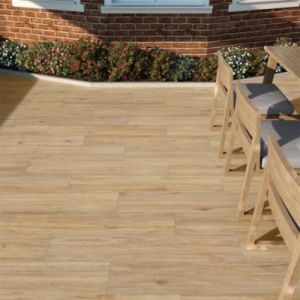 Carrelage sol ext&eacute;rieur en gr&egrave;s c&eacute;rame &eacute;maill&eacute; effet bois clair l.22 x L.120 x &eacute;p. 0,97 cm GoodHome Todias Haya