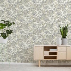 Papier peint vinyle intissé feuillage Symphonie vert, gris L.1005 x l.53cm Lutèce