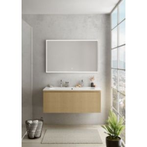 Meuble vasque suspendu plaqué chêne miel strié l.120 cm + plan vasque pour 2 robinets blanc céramique, Pura+