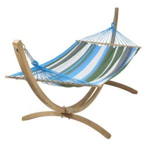Hamac sur pied Jobek Eskapade vert bleu blanc + support bois