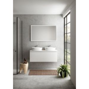 Meuble vasque suspendu blanc mat l.60 cm x 2 + plan double vasque blanc mat en résine, Pura+