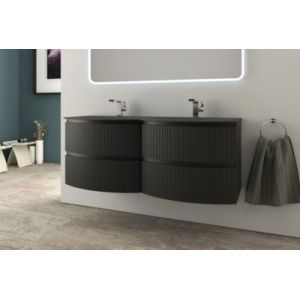 Ensemble sous vasque + plan vasque double verre noir l.138 cm, noir mat strié, Vague