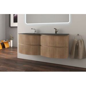 Ensemble sous vasque + plan vasque double à droite verre noir l.138 cm, effet bois strié, Vague