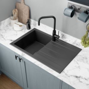 Évier de cuisine en résine noir 1 bac à encastrer et égouttoir GoodHome Keluak