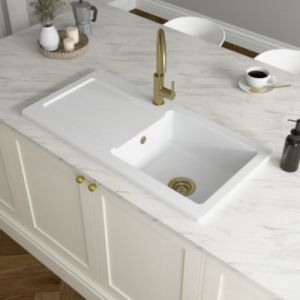 &Eacute;vier de cuisine 1 cuve et 1 &eacute;gouttoir en c&eacute;ramique blanc Steinfield GoodHome