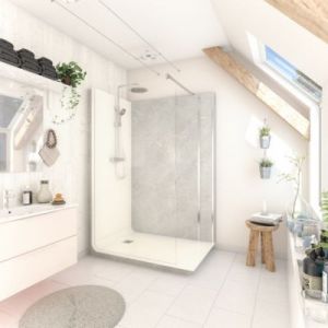 Cabine de douche à l’italienne l.80 x L.140 x H.218 cm – effet marbre gris, receveur de plain-pied, Elmer Serenity