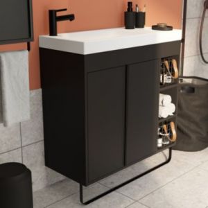 Meuble vasque faible profondeur noir avec porte-serviettes l.85 x H.82 x P.36 cms + plan vasque blanc r&eacute;sine, GoodHome Maza
