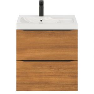 Meuble vasque suspendu effet noyer l.60 cm Imandra + plan vasque blanc r&eacute;sine Mila, GoodHome