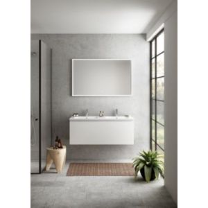 Meuble vasque suspendu blanc mat l.120 cm + plan double vasque blanc brillant céramique, Pura+