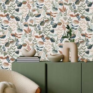 Papier peint vinyle intiss&eacute; fleuri Naive flowers, bleu terracotta L.1005 x l.53cm Lut&egrave;ce