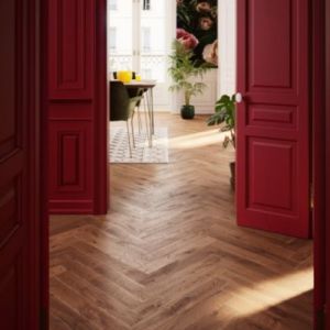 Parquet massif à coller Skara bâtons rompus en chêne verni brun