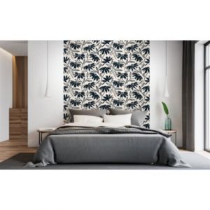 Papier peint panoramique intissé fleuri beige, bleu foncé, 3 lés, L.280 x l.150cm IDPanneaux