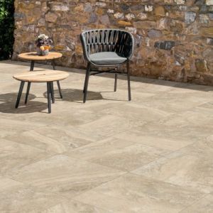Carrelage sol ext&eacute;rieur en gr&egrave;s c&eacute;rame &eacute;maill&eacute; effet pierre beige l.60 x L.60 x &eacute;p.0,8 cm Siena