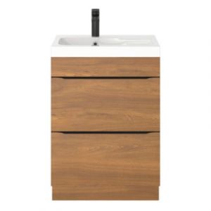 Meuble vasque &agrave; poser effet noyer l.60 cm Imandra + plan vasque blanc r&eacute;sine Mila, GoodHome