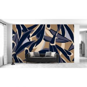 Papier peint panoramique intissé feuilles graphiques bleu foncé, marron, beige, 9 lés, L.280 x l.450cm IDPanneaux