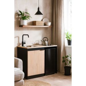 Kitchenette compl&egrave;te vitroc&eacute;ramique noir et ch&ecirc;ne H.94,5 x l.120 cm