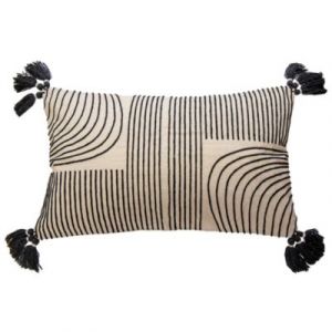 Housse de coussin brodée à pompons en coton blanc et noir L.50 x l.30cm Deko & Co