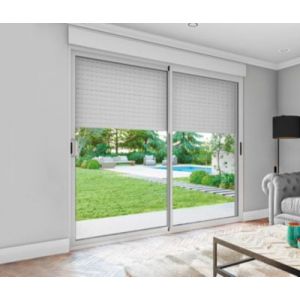Baie coulissante en aluminium blanc avec volet roulant électrique intégré motorisation Somfy l.240 x H.200 cm Uw=2