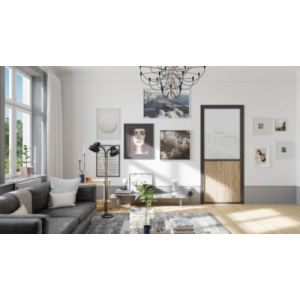 Bloc Porte Contemporain H. 204 X 83 X 3 cm cadre en aluminium noir et verre Depoli blanc chêne terra Poussant Gauche