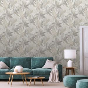 Papier peint vinyle intissé feuillage Fidji protéa beige et gris L.1005 x l.53cm Lutèce