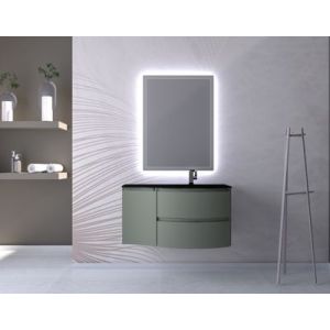 Ensemble Vague L.104 cm meuble sous vasque à suspendre kaki mat + complément gauche + plan vasque verre noir mat