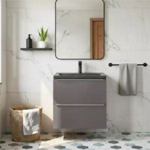 Meuble vasque suspendu faible profondeur gris taupe brillant l.60 cm Imandra + plan vasque noir c&eacute;ramique Nira, GoodHome