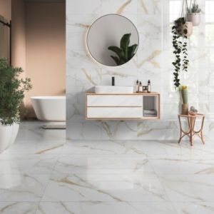 Carrelage sol et mur en grès cérame émaillé effet marbre blanc et doré poli L.60 x l.30 cm x ép.9 mm, Fiordo