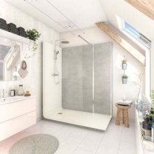 Cabine de douche &agrave; l&rsquo;italienne l.80 x L.170 x H.218 cm &ndash; effet pierre grise, receveur de plain-pied, Elmer Serenity