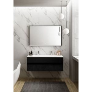 Meuble vasque suspendu noir mat et verre fum&eacute; l.120 cm + plan vasque blanc brillant r&eacute;sine pour 2 robinets, Pura+