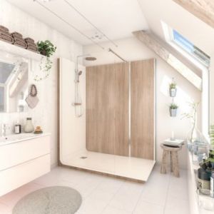 Cabine de douche &agrave; l&rsquo;italienne l.80 x L.170 x H.218 cm &ndash; effet bois, receveur de plain-pied, Elmer Serenity