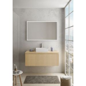 Meuble vasque suspendu plaqué chêne clair strié l.120 cm + plan de toilette plaqué chêne clair pour 1 vasque, Pura+