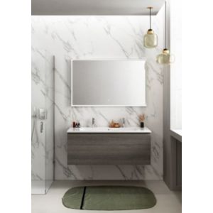 Meuble vasque suspendu effet chêne Metz l.120 cm + plan vasque blanc mat résine pour 2 robinets, Pura+