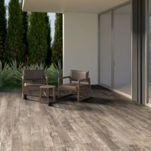 Carrelage sol ext&eacute;rieur en gr&egrave;s c&eacute;rame &eacute;maill&eacute; effet bois gris l.15 x L.90 x &eacute;p.0,86 cm Timberlane