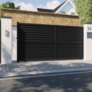 Portail persienné coulissant aluminium Neva Klikstrom + motorisation Somfy l.410 x H.163 cm gris anthracite RAL 7021