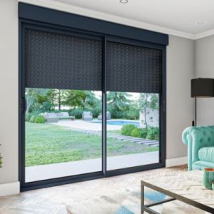 Baie coulissante en aluminium gris avec volet roulant électrique intégré motorisation Somfy l.240 x H.200 cm Uw=2
